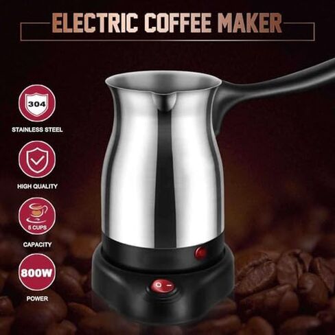 Turkish Coffee Pot, Stainless Steel Arabic, Greek & Turkish Electric Coffee Maker Machine Pot, 600ml Coffee Tea Warmer Kettle with Removable Anti Scald Handle Cordless Base for Home & Travel in Saudi Arabia