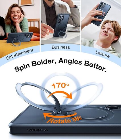 TORRAS 360°Spin Magnetic Stand for Samsung Galaxy S24 Ultra Case, Compatible with Magsafe, Military Grade Shockproof Slim Protective S24 Ultra Case with Kickstand & Ring Holder, Ostand Spin, Black in Saudi Arabia