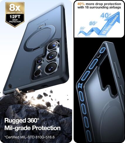TORRAS 360°Spin Magnetic Stand for Samsung Galaxy S24 Ultra Case, Compatible with Magsafe, Military Grade Shockproof Slim Protective S24 Ultra Case with Kickstand & Ring Holder, Ostand Spin, Black in Saudi Arabia