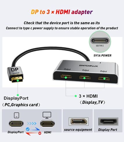 DisplayPort to Dual HDMI Adapter [4K@60Hz] DP to HDMI Splitter 1 in 2 Out Extended Display, DP Male Source Converter for Dual Monitors Compatible with PC,Graphic Card and More in Kuwait