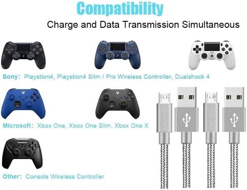كابل شحن شاحن وحدة التحكم PS4، 2 حزمة كابل Micro USB 2.0 بطول إضافي 10 أقدام، سلك مضفر من النايلون، لجهاز PS4، PS4 Slim/Pro، وحدة تحكم Xbox One S/X، لجهاز Kindle in Kuwait