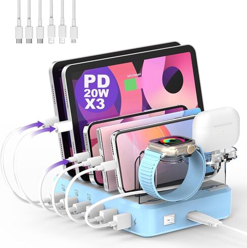 Charging Station for Multiple Devices - 100W 6 Port Charger Station with 3 PD USB C Fast Port, 6 Short Cables, Charging Dock Designed for Apple iPhone iPad Android in Saudi Arabia