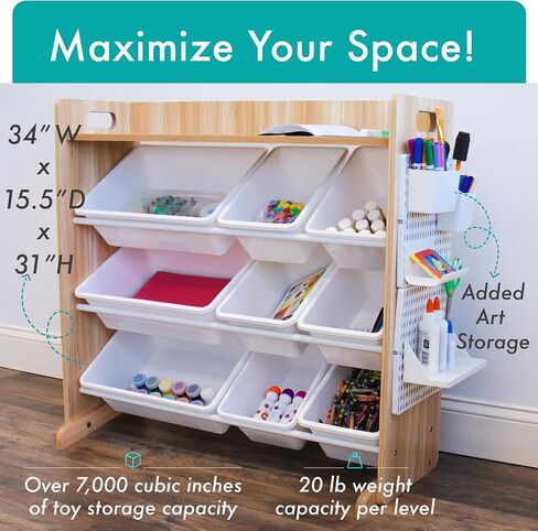 Humble Crew Journey Kids Arts and Crafts Storage Organizer with Shelf and 9 Plastic Storage Bins, Natural/White in Saudi Arabia