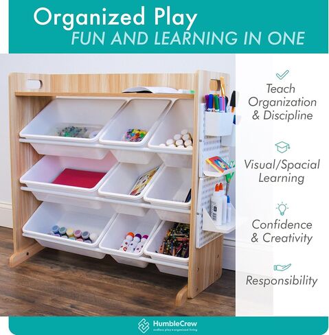 Humble Crew Journey Kids Arts and Crafts Storage Organizer with Shelf and 9 Plastic Storage Bins, Natural/White in Saudi Arabia