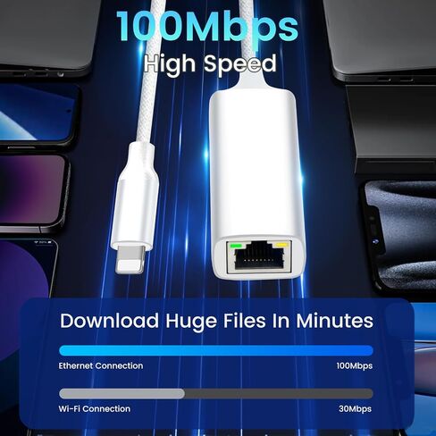 [MFI Certified] Lightning to Ethernet Adapter ، 100Mbps Lightning to RJ45 Ethernet LAN ADAPTER ، متوافق مع i-phone 14/13/11/11/i-pad/i-pod ، التوصيل والتشغيل (غير poe) in Saudi Arabia