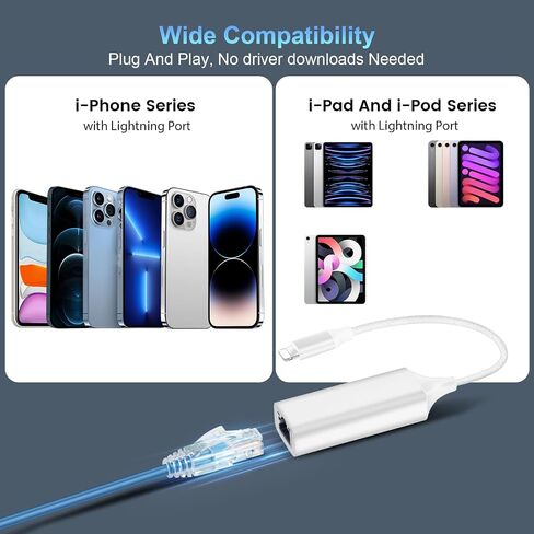[MFI Certified] Lightning to Ethernet Adapter ، 100Mbps Lightning to RJ45 Ethernet LAN ADAPTER ، متوافق مع i-phone 14/13/11/11/i-pad/i-pod ، التوصيل والتشغيل (غير poe) in Saudi Arabia
