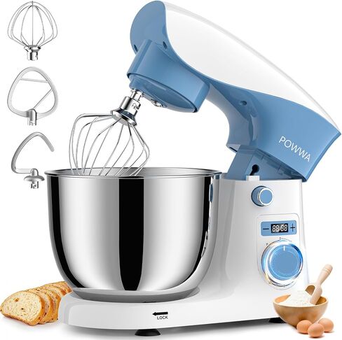 Stand Mixer, POWWA 6.5 QT 10 Speeds Tilt-Head Electric Stand Mixer, 3-In-1 Kitchen Mixer with Bowl, Dough Hook, Whisk and Beater, Food Mixer for Baking and Daily Use (Black White) in Saudi Arabia