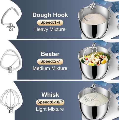 Stand Mixer, POWWA 6.5 QT 10 Speeds Tilt-Head Electric Stand Mixer, 3-In-1 Kitchen Mixer with Bowl, Dough Hook, Whisk and Beater, Food Mixer for Baking and Daily Use (Black White) in Saudi Arabia
