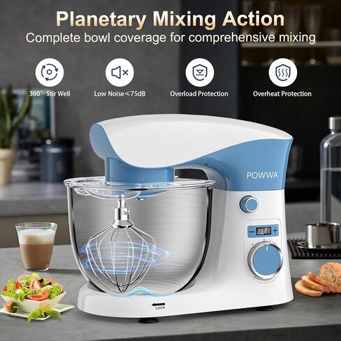 Stand Mixer, POWWA 6.5 QT 10 Speeds Tilt-Head Electric Stand Mixer, 3-In-1 Kitchen Mixer with Bowl, Dough Hook, Whisk and Beater, Food Mixer for Baking and Daily Use (Black White) in Saudi Arabia