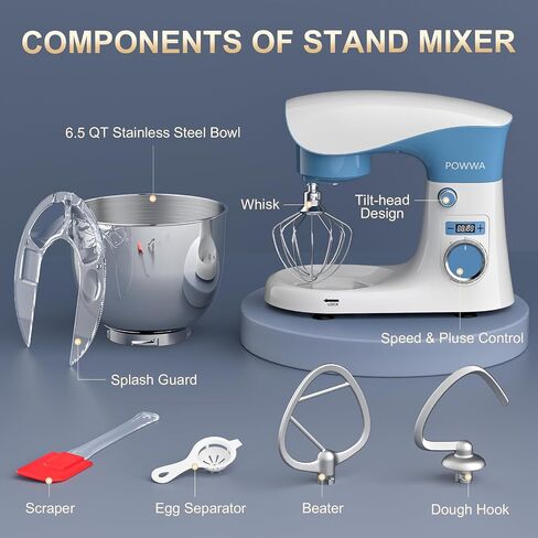Stand Mixer, POWWA 6.5 QT 10 Speeds Tilt-Head Electric Stand Mixer, 3-In-1 Kitchen Mixer with Bowl, Dough Hook, Whisk and Beater, Food Mixer for Baking and Daily Use (Black White) in Saudi Arabia