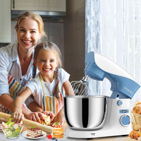 Stand Mixer, POWWA 6.5 QT 10 Speeds Tilt-Head Electric Stand Mixer, 3-In-1 Kitchen Mixer with Bowl, Dough Hook, Whisk and Beater, Food Mixer for Baking and Daily Use (Black White) in Saudi Arabia