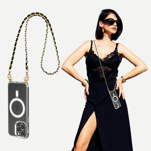 Aporia - متوافق مع Magsafe Clear Case for iPhone مع Crossbody Chain | بنيت في حزام الخطاف والكتف | متوافق مع Magsafe Wireless Charging + Design Luxury (Gold ، iPhone 15 Pro Max) in Saudi Arabia