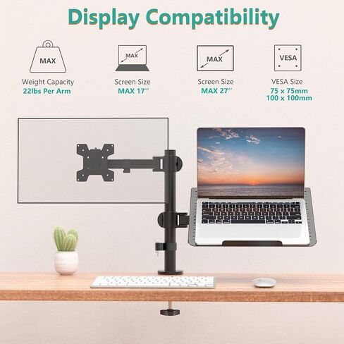 WALI Monitor Laptop Mount Stand, Laptop Gas Spring Arm Mount, Laptop Tray up to 15.6 inch, Monitor up to 32 inch, 17.6lbs (GSDM002LP), Black in Saudi Arabia