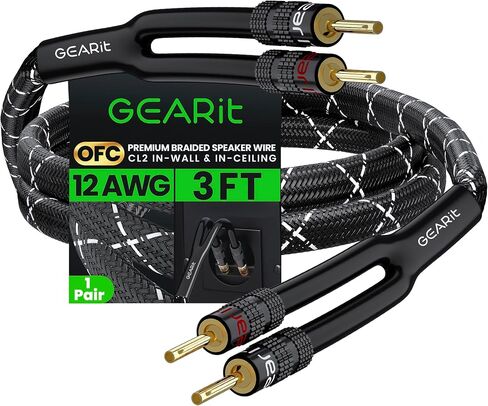 GEARit 12 Gauge Speaker Cable with Banana Plugs 6 ft,CL2 Rated OFC Speaker Wire with Gold-Plated Tips,Braided Speaker Wire for Audiophiles,Hi-Fi Systems,Home Theater,Amplifiers & Speakers(Black) in Kuwait