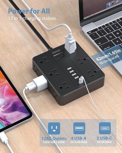 قابس مسطح لشريط الطاقة مع 12 منفذًا 6 USB (2 USB C) ، محطة شحن Smnice Surge Protection مع حماية الحمل الزائد ، سلك التمديد على نطاق واسع منافذ متعددة على نطاق واسع لضروريات طبقة المكتب المنزلي الأساسيات in Kuwait