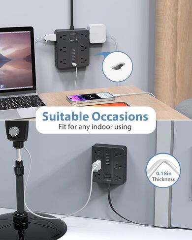 قابس مسطح لشريط الطاقة مع 12 منفذًا 6 USB (2 USB C) ، محطة شحن Smnice Surge Protection مع حماية الحمل الزائد ، سلك التمديد على نطاق واسع منافذ متعددة على نطاق واسع لضروريات طبقة المكتب المنزلي الأساسيات in Kuwait