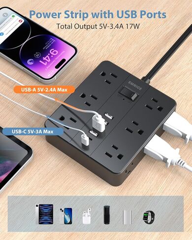 قابس مسطح لشريط الطاقة مع 12 منفذًا 6 USB (2 USB C) ، محطة شحن Smnice Surge Protection مع حماية الحمل الزائد ، سلك التمديد على نطاق واسع منافذ متعددة على نطاق واسع لضروريات طبقة المكتب المنزلي الأساسيات in Kuwait