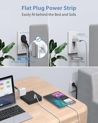 قابس مسطح لشريط الطاقة مع 12 منفذًا 6 USB (2 USB C) ، محطة شحن Smnice Surge Protection مع حماية الحمل الزائد ، سلك التمديد على نطاق واسع منافذ متعددة على نطاق واسع لضروريات طبقة المكتب المنزلي الأساسيات in Kuwait
