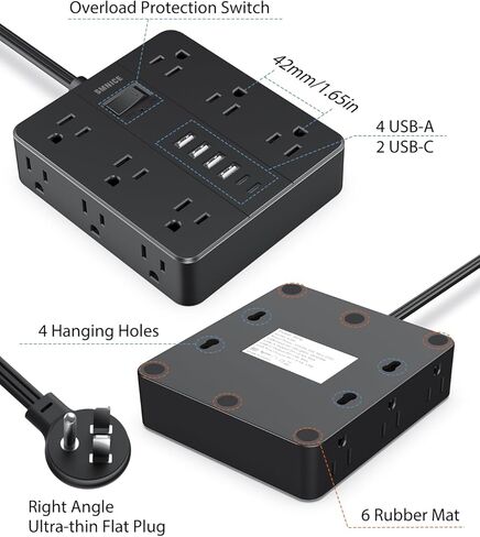 قابس مسطح لشريط الطاقة مع 12 منفذًا 6 USB (2 USB C) ، محطة شحن Smnice Surge Protection مع حماية الحمل الزائد ، سلك التمديد على نطاق واسع منافذ متعددة على نطاق واسع لضروريات طبقة المكتب المنزلي الأساسيات in Kuwait