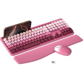 Colorful Wireless Computer Keyboard and Mouse Combo with Phone Holder, Wrist Rest, Typewriter Keys, 2.4GHz Wireless, Full-Sized Optical Mouse for PC and Laptop(Rose-Red Colorful)