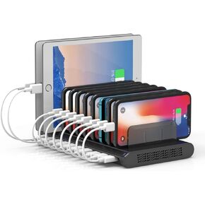 Alxum USB Charging Station, Fast 120W 10 Port Phone Tablet Charging Station for Multiple Devices with Type C/2 QC 3.0 Port for iPad/iPhone/Galaxy/Kindle/Fire, Devices Organizer, UL Certified, Black