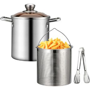 Yuehuam Deep Fryer Pot, Small Stainless Steel Deep Frying Pot with Frying Basket and Food Tongs, Fish Fryer Pot Japanese Tempura Fry Pot for Kitchen French Fries Chicken