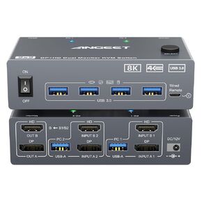 8K KVM Switch HDMI 2 Port 4K@120Hz，ANGEET USB 3.0 KVM Switch for 2 Computers Share 1 Monitor and 3 USB Devices，HDCP 2.3，HDR 10,with Wired Remote，12V Power Adapter and 2 USB3.0 Cables