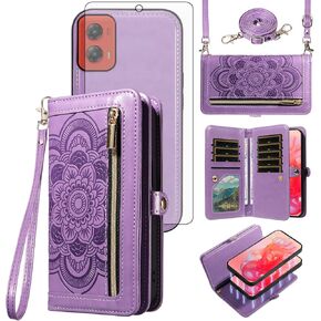 Asuwish Phone Case for Motorola Moto G Stylus 5G 2024 Zipper Wallet Magnetic Detachable Cell Cover with Tempered Glass Screen Protector Crossbody Lanyard Strap Mandala Flower Card Holder G5 Women Gray