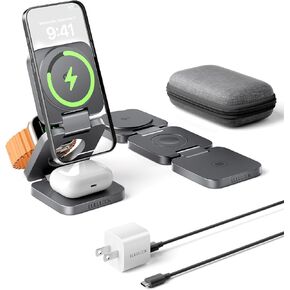 [Qi2 Certified] 3 in 1 Charging Station MagSafe Compatible, 15W Foldable Wireless Charger Stand, Fast Charging for iPhone 16/15/14/13/12, Apple Watch, AirPods (30W GaN USB-C Charger Included)