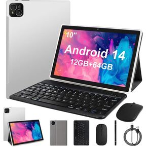Tablet, Android 14 Tablet with 12GB (4+8) RAM 128GB ROM, Octa-Core Processor Tablet with Keyboard, Mouse, 10.1 Inch 1280 * 800 IPS Touch Screen, Dual Camera, WiFi 6, BT 5.4, 6000mAh Battery