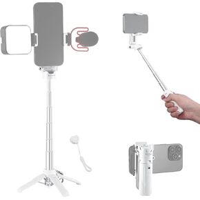 NEEWER Selfie Stick with Detachable Bluetooth Remote Shutter, Lightweight Foldable Travel Tripod for iPhone, 360° Phone Holder Cold Shoe for YouTube/TikTok Vlogs Live Streaming Photography, White, P15