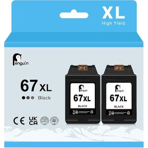 Penguin 67XL Black Ink Cartridges Remanufactured for HP 67 for Deskjet 2800e 2855e 2842e 2852e 4255e Envy 6065e 6055 6052 6400 6458 6452 6030e Printers High Yield 67 XL Combo Pack 2 Black