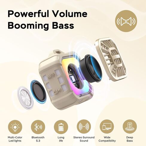 مكبر صوت Bluetooth insmy ، IP67 رابط لاسلكي صغير مقاوم للماء أكثر من 100+ مكبرات صوت ، باس كبير مزدهر ، أضواء وقت اللعب على مدار 24 ساعة/قابلة للطفرة/RGB للأضواء الخارجية/الكاياك/الشاطئ/الجولف (أسود) in Kuwait