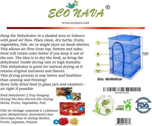 Food Dehydrator 3 Tray Hanging Drying Net/Non Electric/For Drying Herbs, Fruits, Vegetables, Fish (14 x 14 x 21.5 Inch) in Saudi Arabia