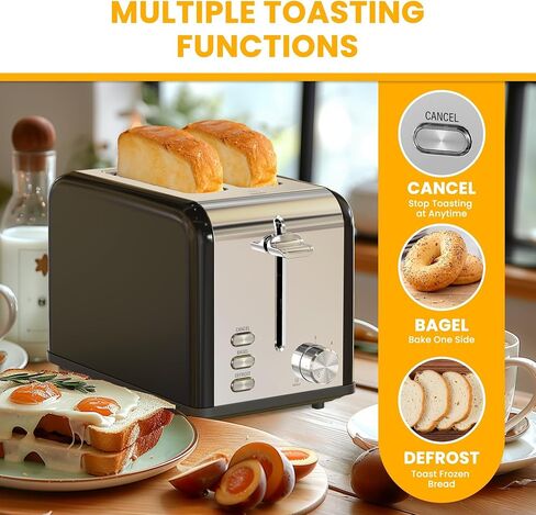 YSSOA 2-Slice Stainless Steel Toaster, 6 Browning Setting and 3 Function Toaster, Extra Wide Slot & Removable Crumb Tray, for Bread & Waffle, Silver in Saudi Arabia
