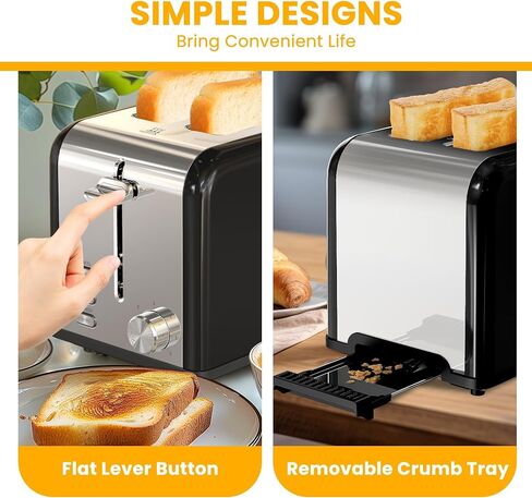 YSSOA 2-Slice Stainless Steel Toaster, 6 Browning Setting and 3 Function Toaster, Extra Wide Slot & Removable Crumb Tray, for Bread & Waffle, Silver in Saudi Arabia
