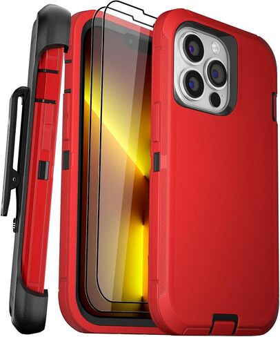 JGS for iPhone 13 Pro Max Case 6.7", Military Grade 3 in 1 Heavy Duty Shockproof/Drop Proof Case with 2 PCS Tempered Glass Screen Protector, includes Holster Clip Kickstand (Black) in Saudi Arabia