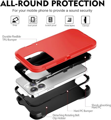 JGS for iPhone 13 Pro Max Case 6.7", Military Grade 3 in 1 Heavy Duty Shockproof/Drop Proof Case with 2 PCS Tempered Glass Screen Protector, includes Holster Clip Kickstand (Black) in Saudi Arabia