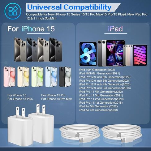 iPad Pro 13 USB C Charger,[2Pack] Type C Charger Fast Charging Brick Block with 6FT Long USB C to C Fast Charging Cable Cord for iPad Pro 12.9/11 inch,iPad Air 6th/5th/4th,iPad Mini 6th,iPad 10th in Saudi Arabia