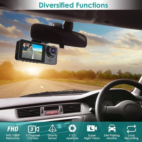 3 Channel Dash Cam Front and Rear, 1080P FHD WiFi Dash Camera for Cars with App & 64GB Card, Three Way Dash Cam with Night Vision, WDR,170° Angle, Loop Recording, Motion Detection, Support 128GB Max in Saudi Arabia