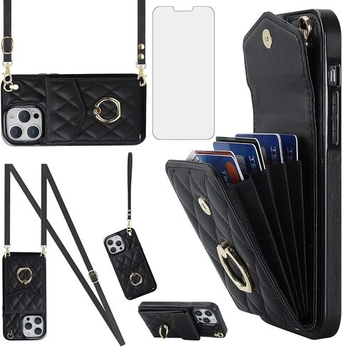 Asuwish Phone Case for iPhone 13 Pro 6.1 inch Wallet Cover with Tempered Glass Screen Protector and Ring RFID Blocking Card Holder Slot Cell iPhone13Pro 5G i i-Phone i13 iPhone13 13Pro Women Rose Gold in Saudi Arabia