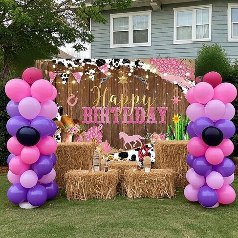 Mocsicka Western Cowgirl Birthday Backdrop for Girls Party Decorations Rustic Rodeo Boot & Horse Theme Photo Booth Background, Happy Birthday Banner Photo Booth Props (Pink, 7x5ft (82x60 inch)) in Kuwait