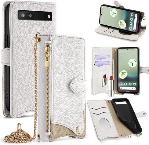 Asuwish Phone Case for Google Pixel 6A 5G 2022 Wallet Cover with Tempered Glass Screen Protector and Mirror PU Leather Flip Cover Credit Card Holder Slot Stand Crossbody Strap Cell Pixel6A A6 Pink in Saudi Arabia