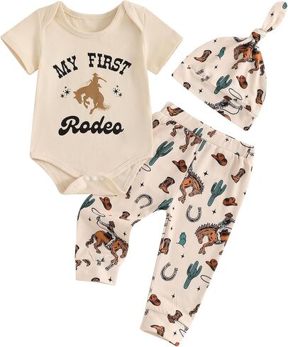 SAYOO This Is My First Rodeo Country Cowboy Funny Infant Baby Boy Bodysuit Long Pants Hat 3Pcs Western Coming Home Outfit in Saudi Arabia