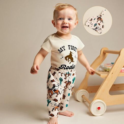 SAYOO This Is My First Rodeo Country Cowboy Funny Infant Baby Boy Bodysuit Long Pants Hat 3Pcs Western Coming Home Outfit in Saudi Arabia