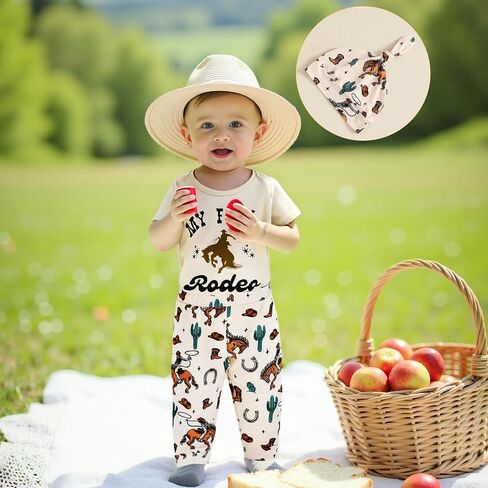 SAYOO This Is My First Rodeo Country Cowboy Funny Infant Baby Boy Bodysuit Long Pants Hat 3Pcs Western Coming Home Outfit in Saudi Arabia