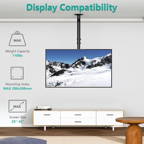 WALI Ceiling TV Mount Adjustable Bracket Fits Most LED, LCD, OLED and Plasma Flat Screen Display 23 to 65 Inch, up to 110 Lbs, Mounting Holes 400x400mm (CM2365), Black in Saudi Arabia