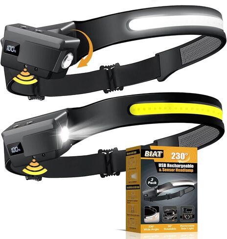 BIAT LED Headlamp Rechargeable, 230° Wide Beam Headlight with Motion Sensor, 90° Rotation and Removable Head Lights for Forehead, 5Mode Head Lamp for Adults, Camping Essentials Gear for Hiking in Saudi Arabia