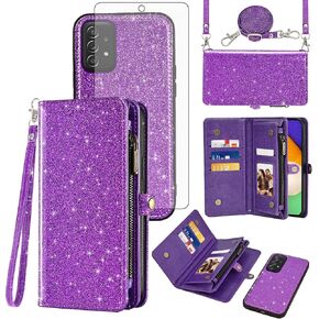 Asuwish Phone Case for Samsung Galaxy A52/A52S 5G Zipper Wallet Detachable Cell Cover with Tempered Glass Screen Protector Lanyard Wrist Strap Flip Card Holder A 52 S 4G G5 52A S52 52S Women Black