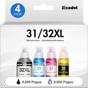 ecodot Compatible Refill Ink Bottles Kit Replacement for HP 31 32XL 32 XL for Smart Tank Plus 551 651 455 457 All-in-One Ink-Tank Printer (1 Black,1 Cyan,1 Magenta,1 Yellow, 4 Pack)